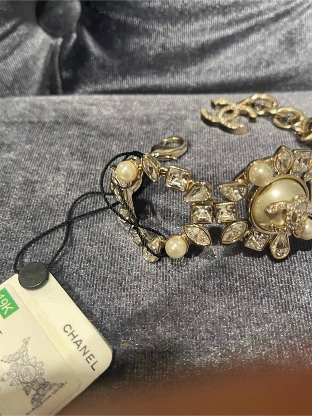 CHANEL Gold Pearl & Crystal CC Medallion Cuff Bracelet